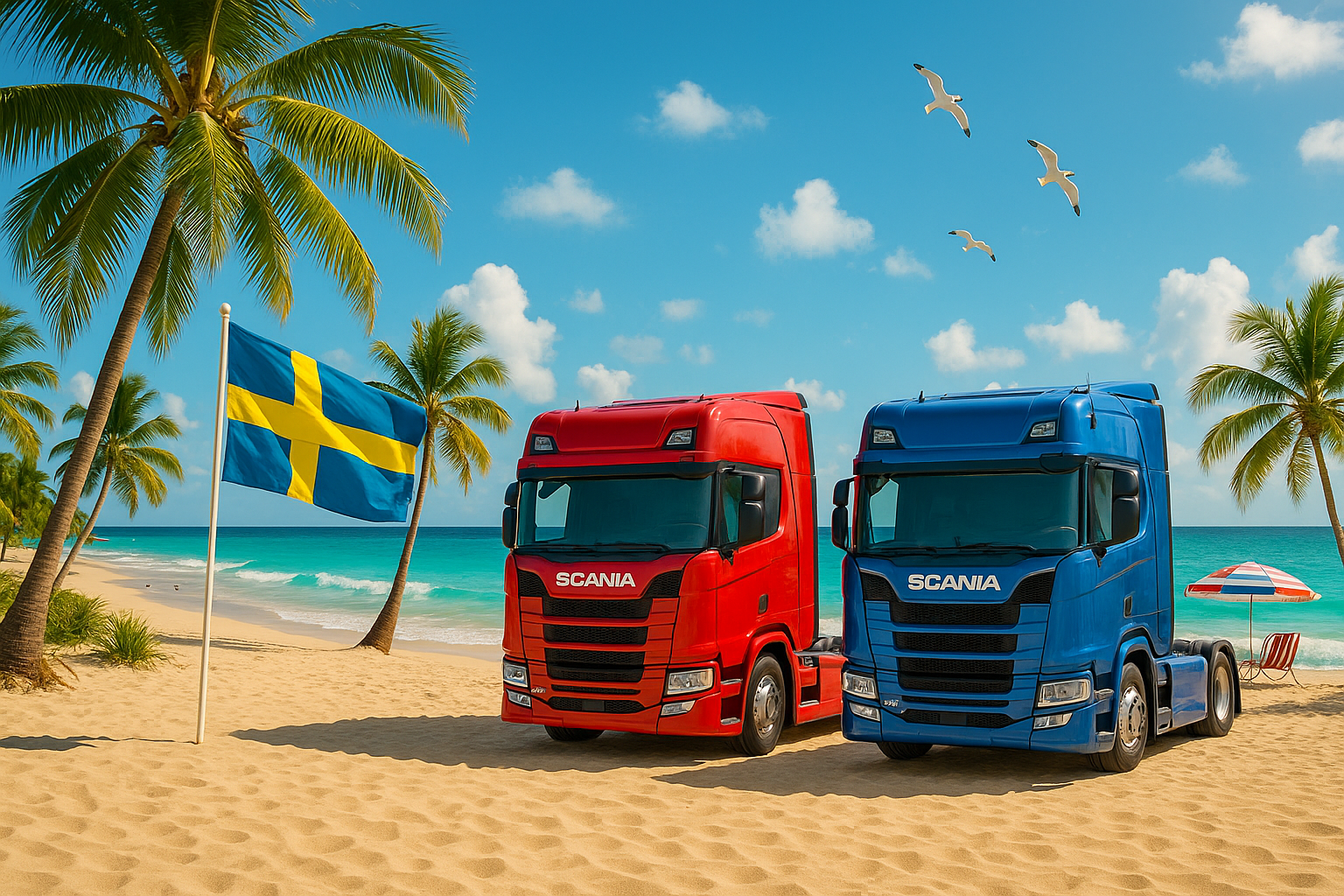 Gör en bild med Scania lastbilar på en badstrand med en svensk flagga som sticker upp ur sanden och lite somriga vibbar